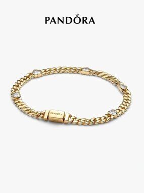 Pandora Gold Chain Bracelet with Clear Crystal Heart Accents